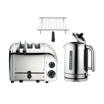 Dualit Frühstücksset inkl. 3er Toaster (inkl. Sandwichzange) + 1,7 L Wasserkocher und Brötchenaufsatz